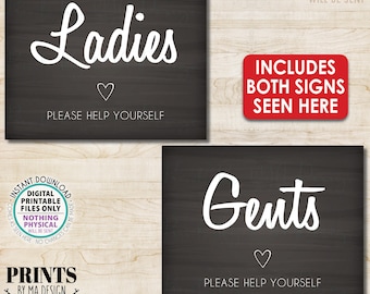 Wedding Bathroom Signs, Ladies and Gents Please Help Yourself, Bathroom Basket, Kick Off Shoes, Two 8x10/16x20” Chalkboard Style Signs <ID>