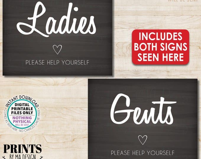 Wedding Bathroom Signs, Ladies and Gents Please Help Yourself, Bathroom Basket, Kick Off Shoes, Two 8x10/16x20” Chalkboard Style Signs <ID>