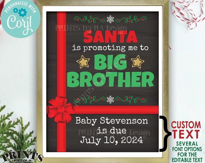 Christmas Pregnancy Announcement, Santa is Promoting me to Big Brother, PRINTABLE 8x10/16x20” Baby Number 2 Sign <Edit Yourself with Corjl>