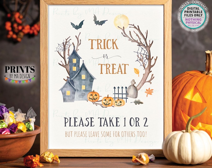 Please Take 1 or 2 Treats Sign, Trick-Or-Treat, Pass Out Candy, Happy Halloween, Watercolor Style Wreath, PRINTABLE 8x10/16x20” Sign <ID>