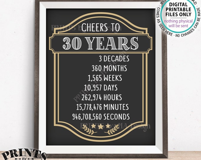 Cheers to 30 Years, 30th Birthday Sign, 30th Anniversary, Cheers & Beers, Beer Party Sign, Retirement Party, PRINTABLE 8x10/16x20” Sign <ID>