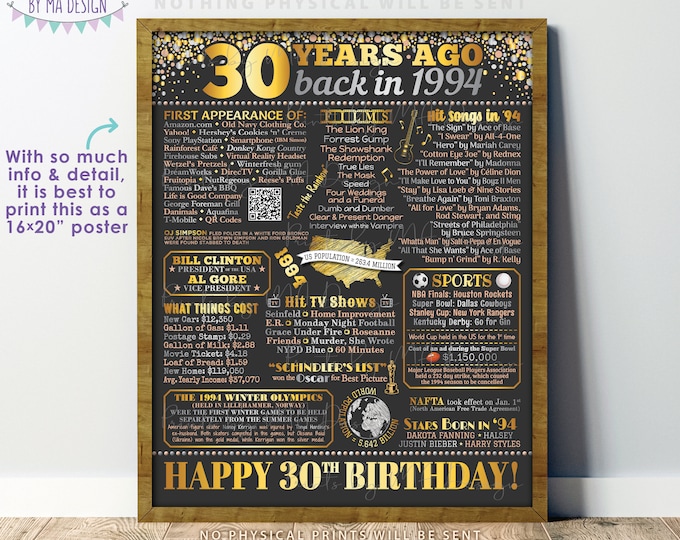 30th Birthday Poster Board, Back in the Year 1994 Flashback 30 Years Ago B-day Gift, PRINTABLE 16x20” Born in 1994 Sign <ID>