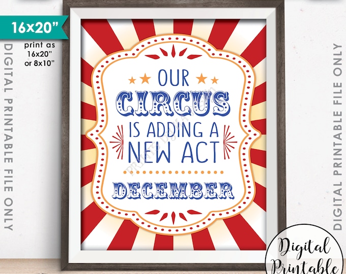 Circus Pregnancy Announcement, Carnival Sign, Our Circus is Adding a New Act in DECEMBER Dated Circus Themed PRINTABLE Baby Reveal Sign <ID>