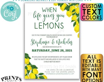 Editable Wedding is Postponed Announcement, When Life Gives You Lemons, Change the Date, Digital Printable File <Edit Yourself w/Corjl>