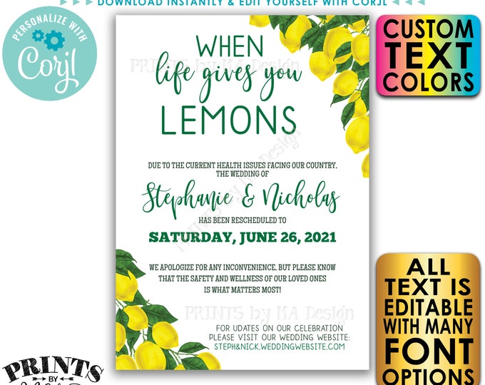 Editable Wedding is Postponed Announcement, When Life Gives You Lemons, Change the Date, Digital Printable File <Edit Yourself w/Corjl>