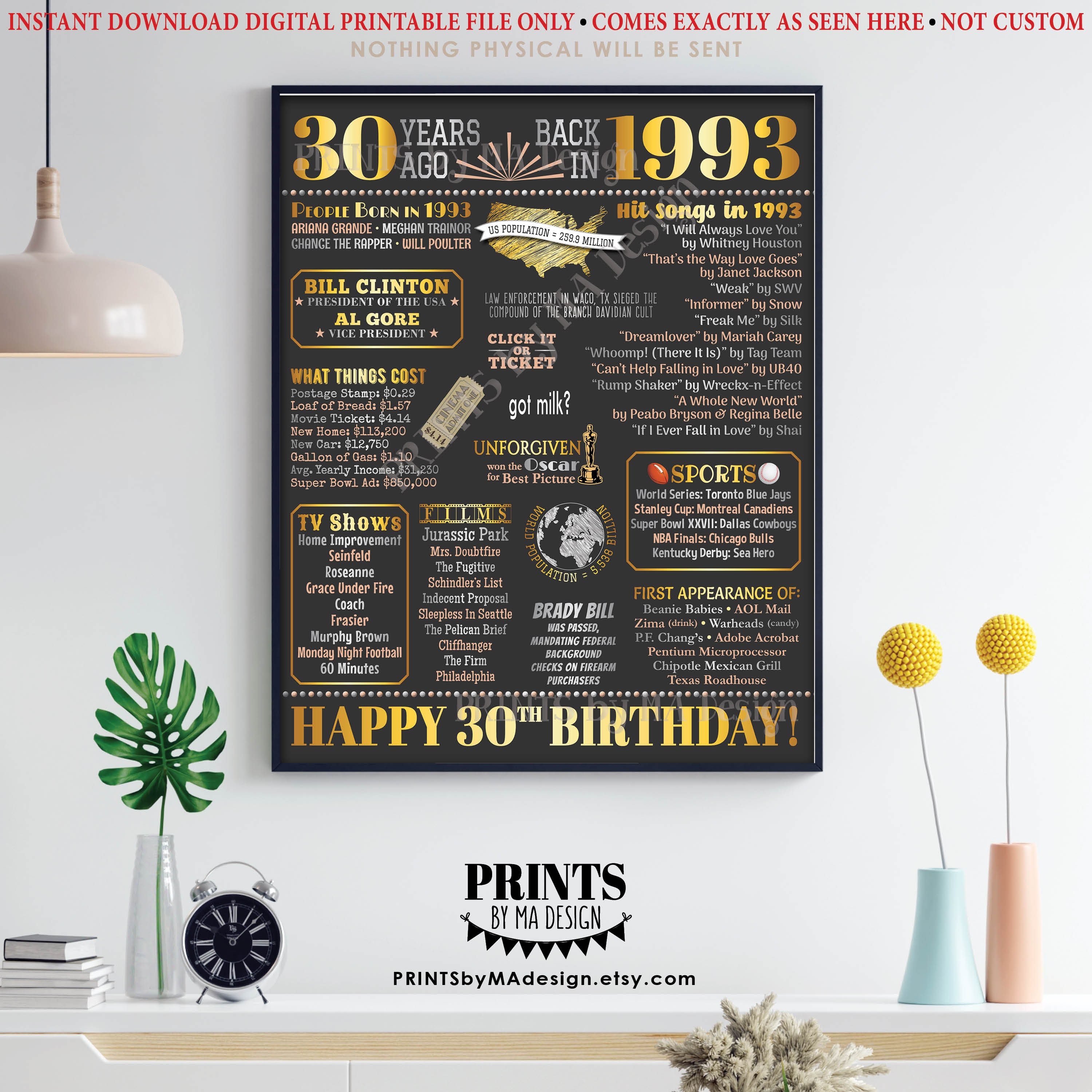 30th Birthday Poster Board Born In The Year 1993 Flashback 30 Years 