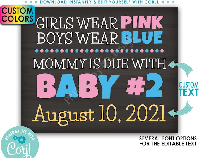 Baby Number 2 Pregnancy Announcement, Girls Wear Pink Boys Wear Blue, Custom PRINTABLE 8x10/16x20” Baby #2 Sign <Edit Yourself with Corjl>
