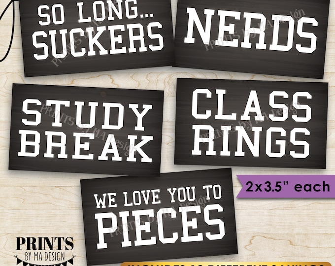 Graduation Party Candy Signs, Candy Bar, Buffet, Smartie Cookie Ring Nerds, 2x3.5" Chalkboard Style Cards on PRINTABLE 8.5x11" Sheet <ID>