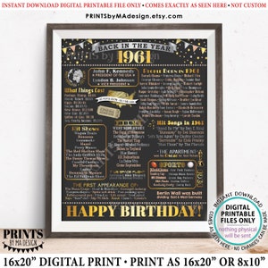 Back in the Year 1961 Geburtstagsschild, Rückblende auf 1961 Posterboard, &#39;61 B-Day Geschenk, Bday Dekoration, DRUCKBARE 16x20 &#39;&#39;Zeichen &lt;ID&gt;