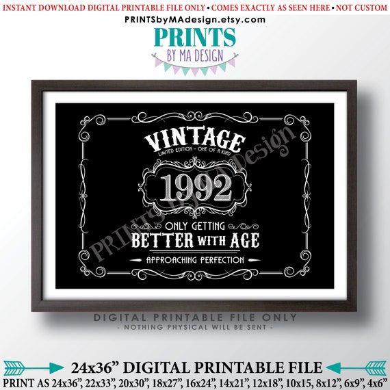 1992 Birthday Sign, Vintage Better With Age Poster, Whiskey