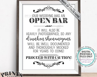 Open Bar Sign, Drunken Shenanigans Sign, Funny Alcohol Sign, Funny Wedding Documented Caution Sign, PRINTABLE 8x10/16x20” Bar Sign <ID>