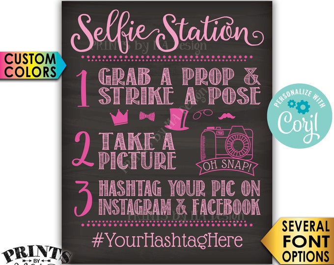 Selfie Station Sign, Share on Instagram & Facebook, Custom PRINTABLE 8x10/16x20” Chalkboard Style Hashtag Sign <Edit Yourself with Corjl>