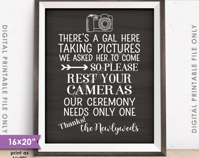 Unplugged Wedding Sign, No Cameras at the Ceremony Sign, Only One Photographer, 8x10/16x20” Chalkboard Style Printable Instant Download