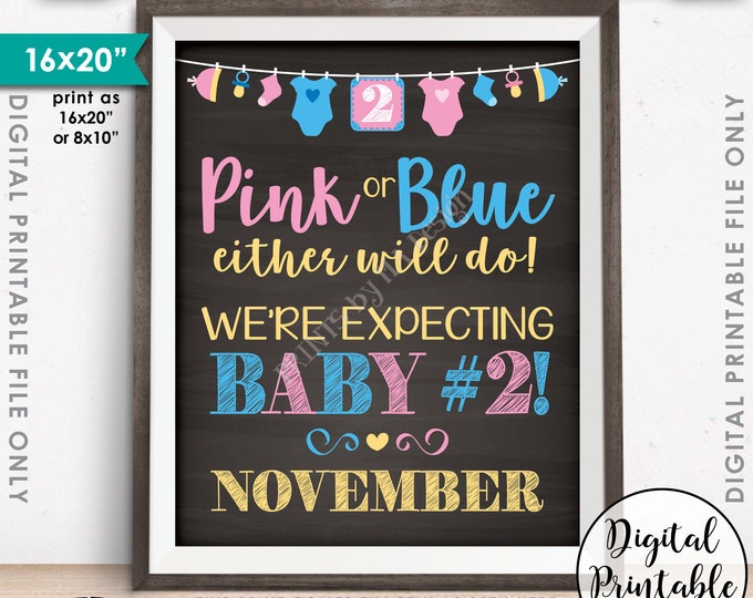 Baby Number 2 Pregnancy Announcement Pink or Blue We're Expecting #2 in NOVEMBER Dated Chalkboard Style PRINTABLE Baby #2 Reveal Sign <ID>