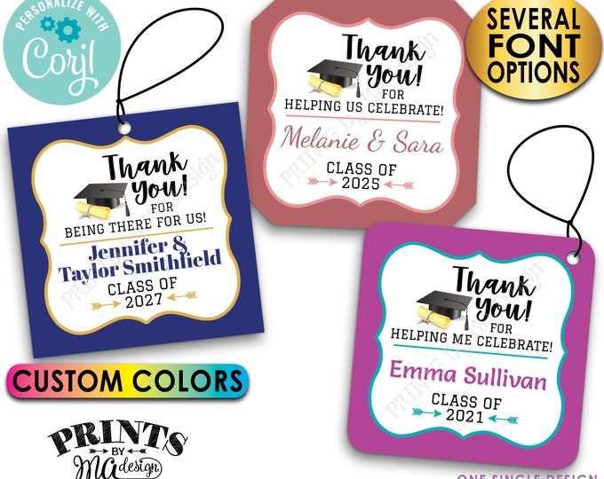 Graduation Party Favors Tags, Class Of Thank You Grad Cards, 2" Square Cards on a Digital PRINTABLE 8.5x11" File <Edit Yourself with Corjl>