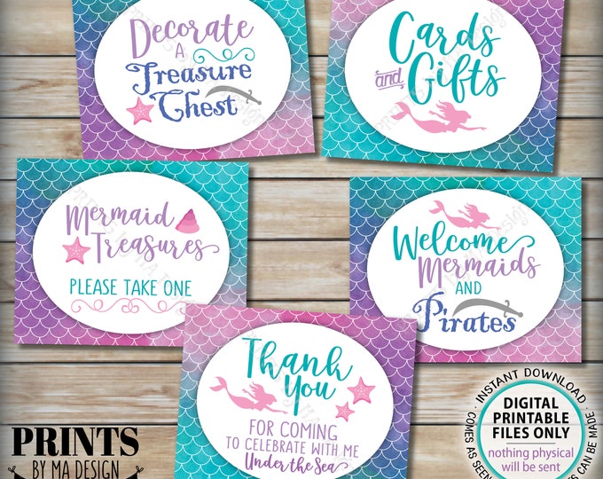 Mermaid and Pirate Party Signs, Under the Sea Cards & Gifts Mermaid Birthday Party Bundle, Five PRINTABLE 8x10” Watercolor Style Signs <ID>