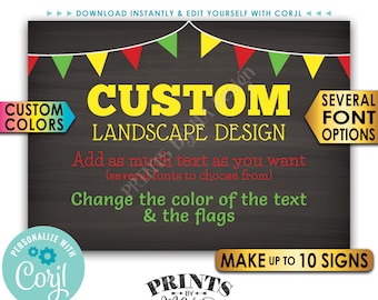 Custom Signs with Flags, Choose Your Text & Colors, Up to 10 PRINTABLE 5x7” Chalkboard Style Landscape Signs <Edit Yourself with Corjl>