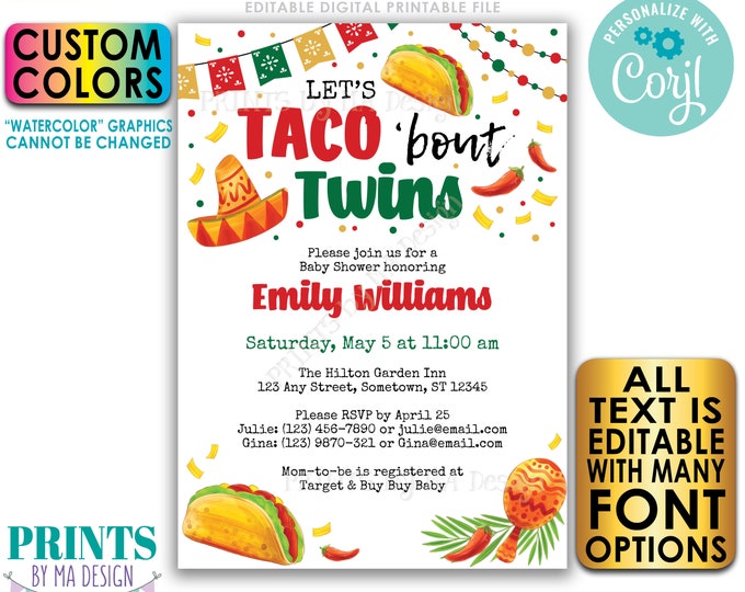 Twins Baby Shower Invitation, Let's Taco 'bout Twins, Fiesta, One Custom PRINTABLE 5x7" Watercolor Style Invite <Edit Yourself with Corjl>