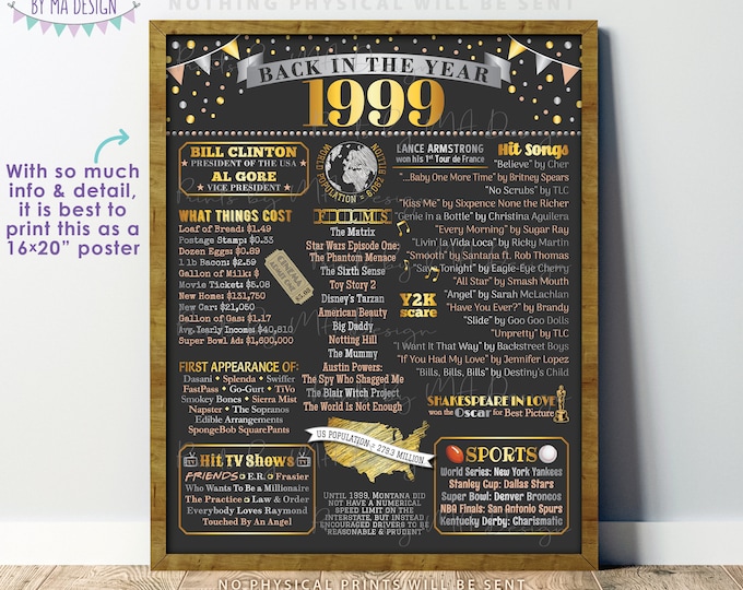 Back in the Year 1999 Poster Board, Remember 1999 Sign, Flashback to 1999 USA History from 1999, PRINTABLE 16x20” Sign <ID>