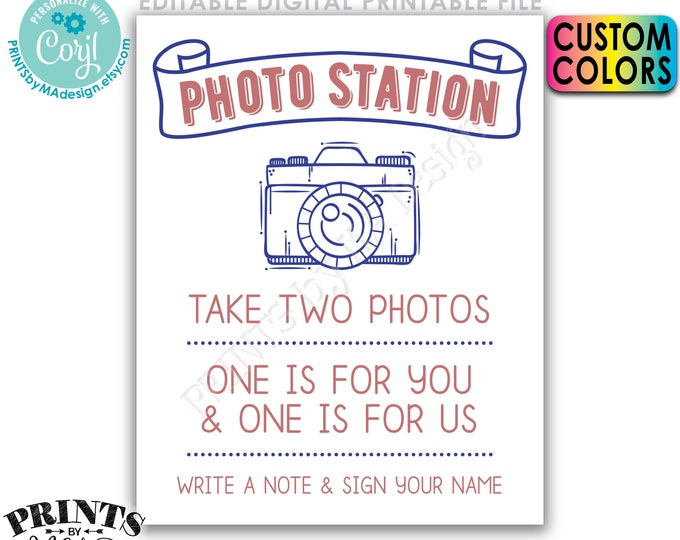 Photo Station Sign, Take Two Photos & Leave One For Us, Write a Note, Photobooth, PRINTABLE 8x10/16x20” Sign <Edit Colors Yourself w/Corjl>