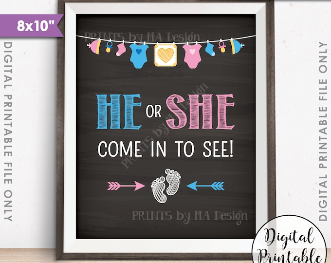 Gender Reveal Sign, He or She Come In to See Gender Reveal Party Sign, Pink or Blue Sign, PRINTABLE 8x10” Chalkboard Style Sign <ID>