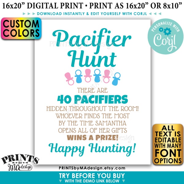 Baby Shower Pacifier Hunt Game Sign, Pacifier Scavenger Hunt, Custom PRINTABLE 8x10/16x20" Sign <Edit Yourself w/Corjl>