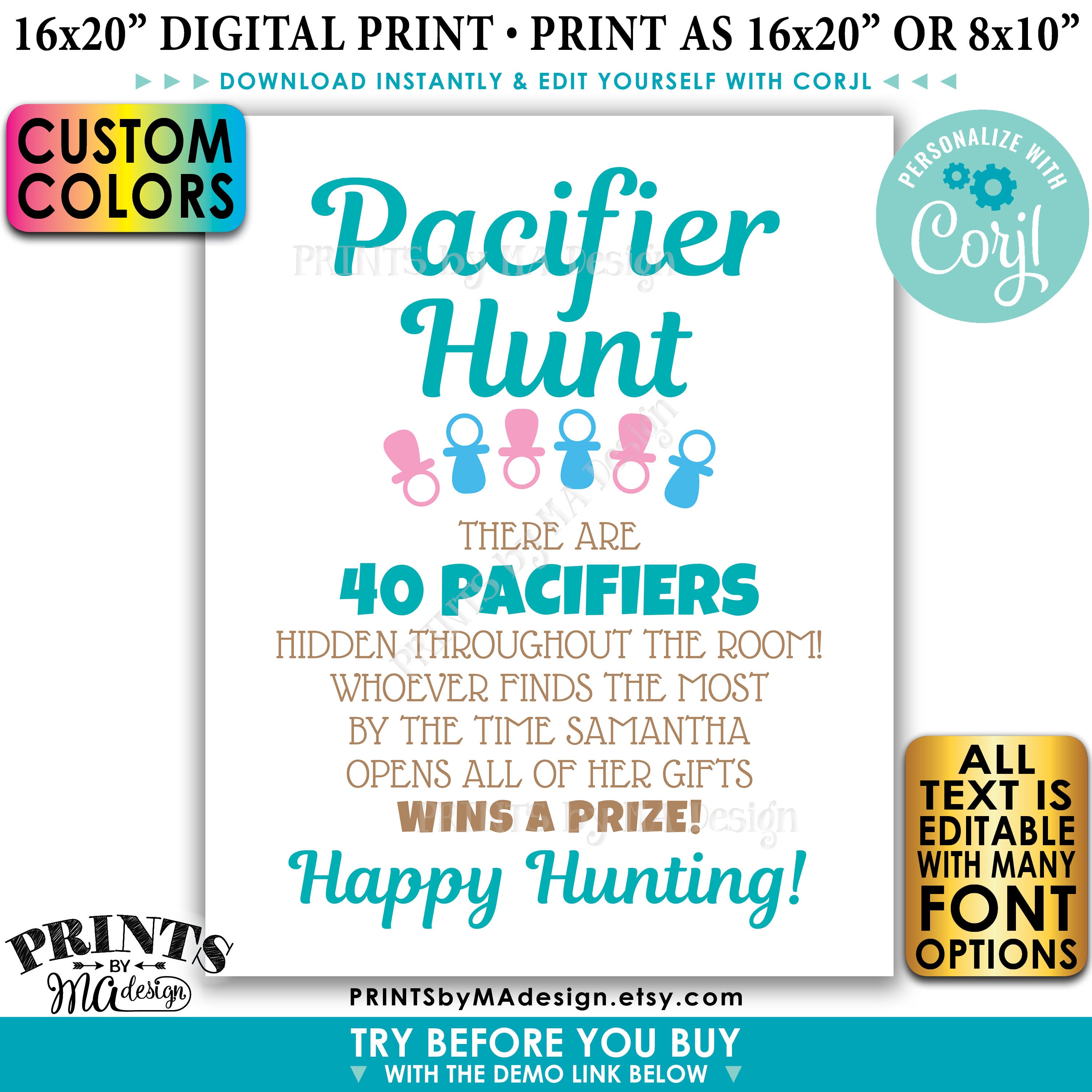 Baby Shower Pacifier Hunt Game Sign, Pacifier Scavenger Hunt, Custom