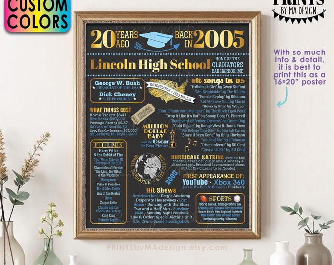 20th High School Reunion Decoration, Class of 2005 Graduated 20 Years Ago, Back in the Year 2005 Poster Board, PRINTABLE 16x20” Sign <ID>