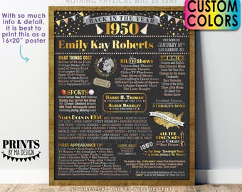 Back in the Year 1950 Birthday Sign, Flashback to 1950 Poster Board, 1950 Birthday Gift, Custom PRINTABLE 16x20” B-day Decoration