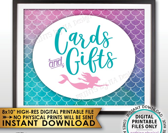 Cards and Gifts Mermaid Party Sign, Cards & Gifts Mermaid Birthday Party, Mermaids, Mermaid Tail, PRINTABLE 8x10” Watercolor Style Sign <ID>