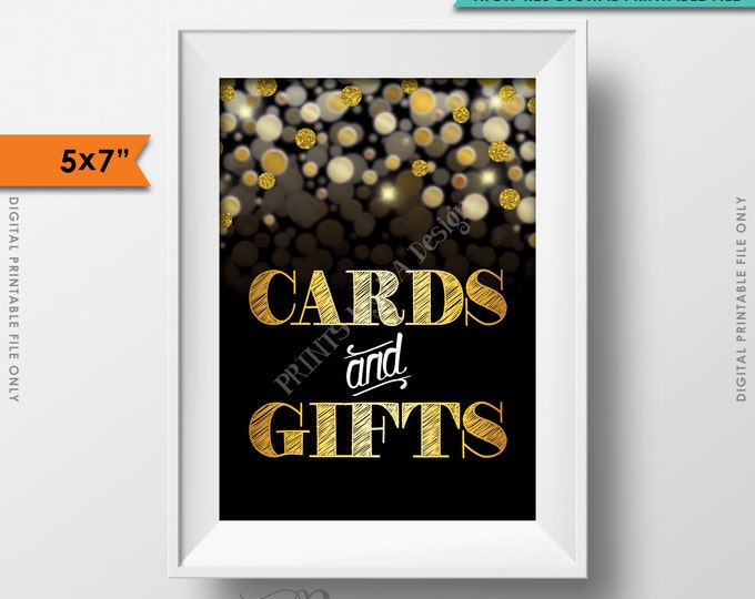 Cards and Gifts Sign, Cards & Gifts Sign, Birthday, Anniversary, Retirement, Graduation, Black and Gold Glitter PRINTABLE 5x7” Sign <ID>