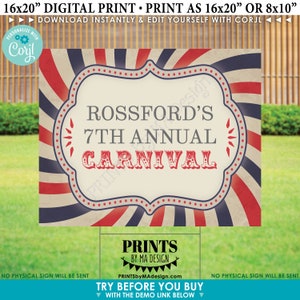 May include: A printable 16x20 inch sign with a red, white, and blue carnival theme. The sign features a vintage-style frame with the text "ROSSFORD'S 7TH ANNUAL CARNIVAL".