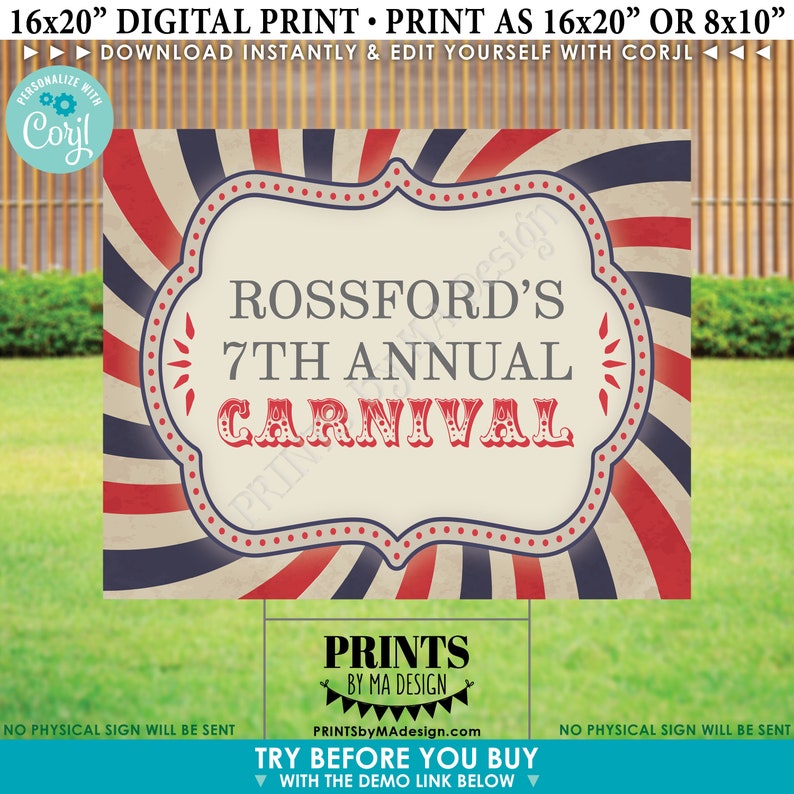 May include: A printable 16x20 inch sign with a red, white, and blue carnival theme. The sign features a vintage-style frame with the text "ROSSFORD'S 7TH ANNUAL CARNIVAL".