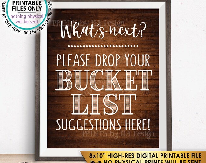 Bucket List Suggestions Sign, Retirement, Graduation, Bon Voyage, Birthday, Wedding, Rustic Wood Style PRINTABLE 8x10” Instant Download