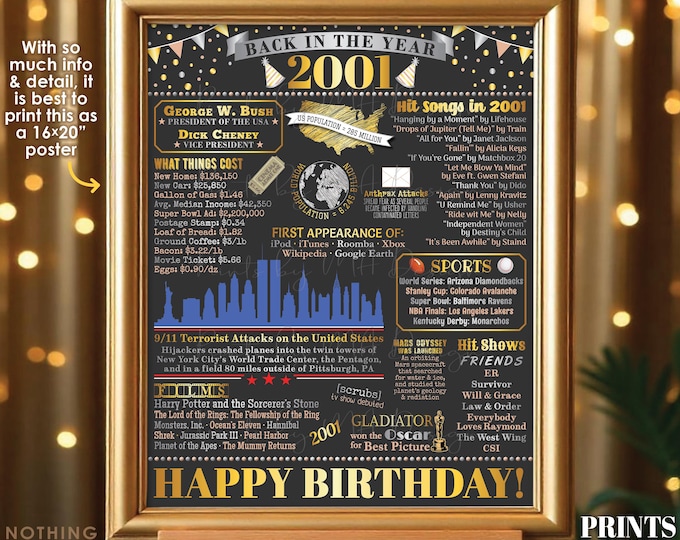 Back in the Year 2001 Birthday Sign, Flashback to 2001 Poster Board, ‘01 B-day Gift, Bday Decoration, PRINTABLE 16x20” Sign <ID>