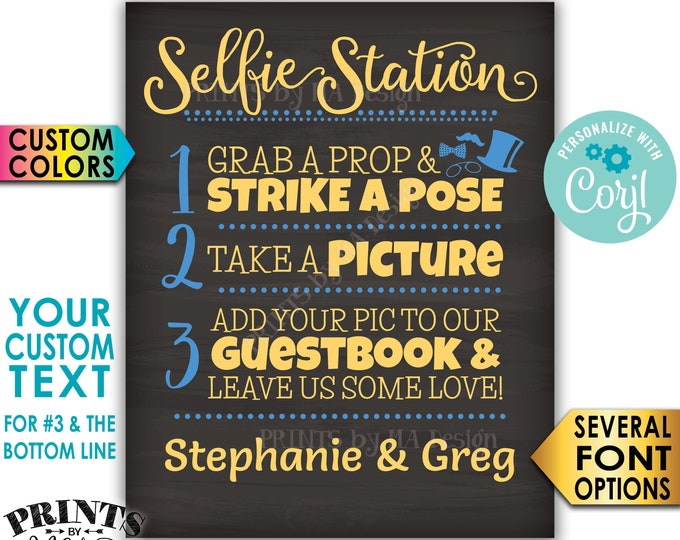 Selfie Station Sign, Custom Step Number 3 and Bottom Line of Text, PRINTABLE 8x10/16x20” Chalkboard Style Sign <Edit Yourself with Corjl>