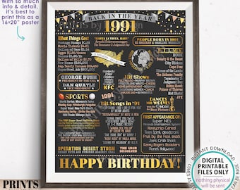 Back in the Year 1991 Birthday Sign, Flashback to 1991 Poster Board, ‘91 B-day Gift, Bday Decoration, PRINTABLE 16x20” Sign <ID>