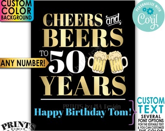Cheers and Beers Sign, Cheers to Years, Custom PRINTABLE 8x10/16x20” Party Sign, Birthday or Retirement <Edit Yourself with Corjl>
