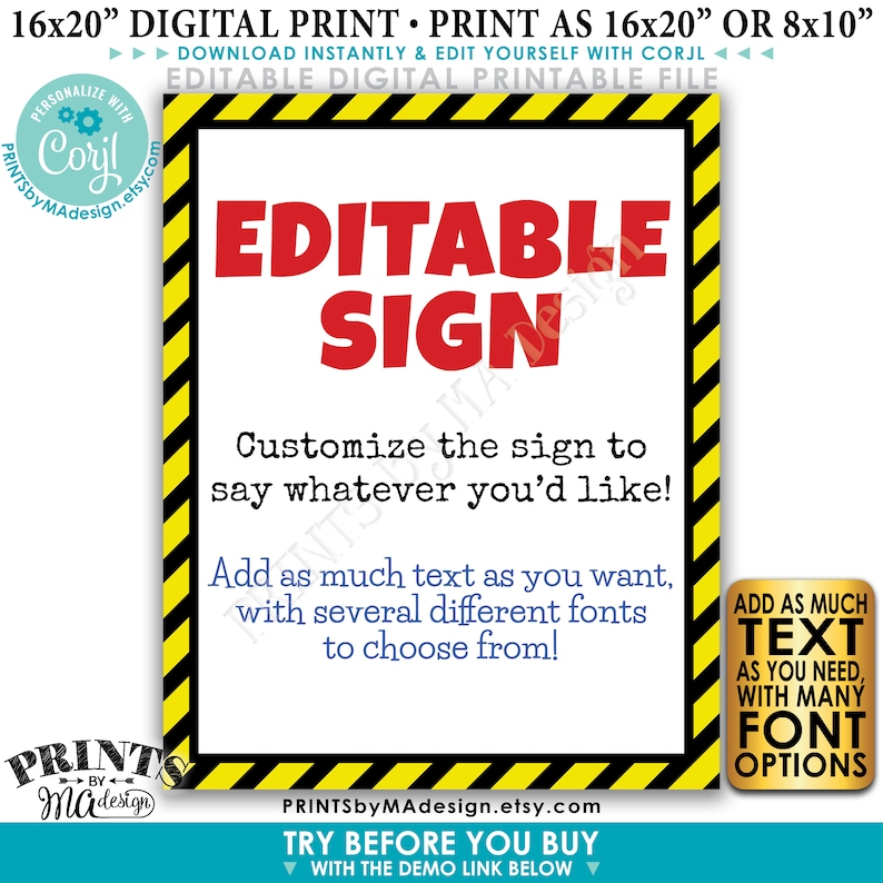Editable Caution Sign, Choose Your Text, Custom PRINTABLE 8x10/16x20” Portrait Sign, Quarantine Hazard Construction <Edit Yourself w/Corjl> image 1