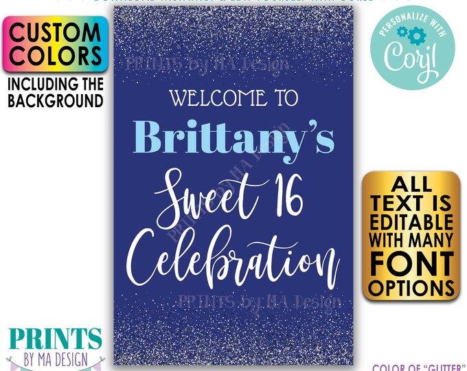 Editable Sweet 16 Party Sign, Welcome to the Birthday Celebration, Silver Glitter, Custom PRINTABLE 24x36" Sign <Edit Yourself w/Corjl>