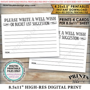 Well Wish Card, Bucket List Ideen, bitte schreiben Sie einen Well Wish oder Bucket List Vorschlag, vier 4,25x5,5 "Karten pro 8,5x11" PRINTABLE Sheet