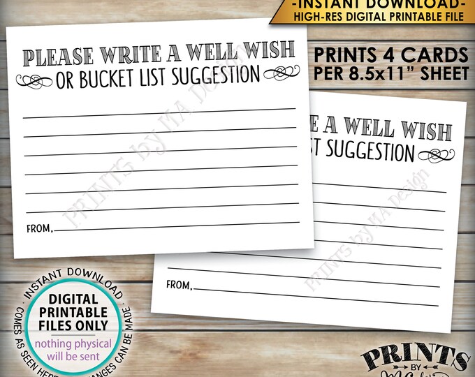 Well Wish Card, Bucket List Ideas, Please Write a Well Wish or Bucket List Suggestion, Four 4.25x5.5" Cards per 8.5x11" PRINTABLE Sheet <ID>