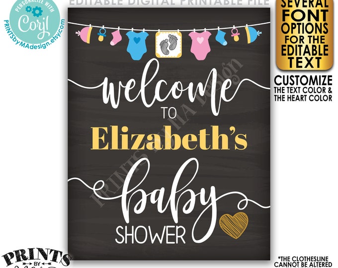 Editable Baby Shower Welcome Sign, Pink & Blue Decor Clothesline, PRINTABLE 8x10/16x20” Chalkboard Style Sign <Edit Yourself w/Corjl>