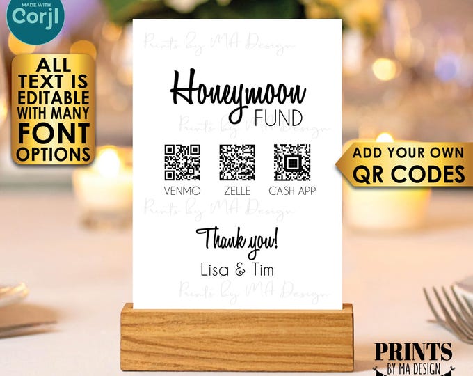 Editable Honeymoon Fund QR Code Sign, Donate to the Newlyweds, Custom PRINTABLE 5x7” Portrait Sign <Edit Yourself w/Corjl>
