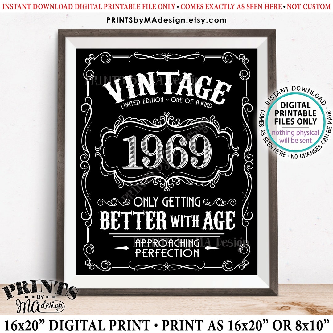 1969 Birthday Sign, Vintage Birthday Poster, Whiskey Theme Black ...