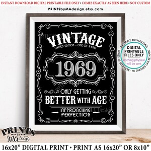 1969 Birthday Sign, Vintage Birthday Poster, Whiskey Theme Black & White PRINTABLE 8x10/16x20” 1969 Sign <ID>