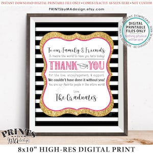 Abschluss-Dankes-Schild, Dank von den Absolventen Danke Abschluss-Party-Dekor, Absolventen, DRUCKBARE 20x10" Schwarz/Rosa/Gold Grad-Zeichen <ID>