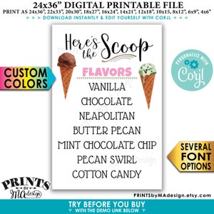 Ice Cream Flavors Sign, Here's the Scoop Ice Cream Bar, PRINTABLE 24x36” Ice Cream Sign <Edit Yourself with Corjl>
