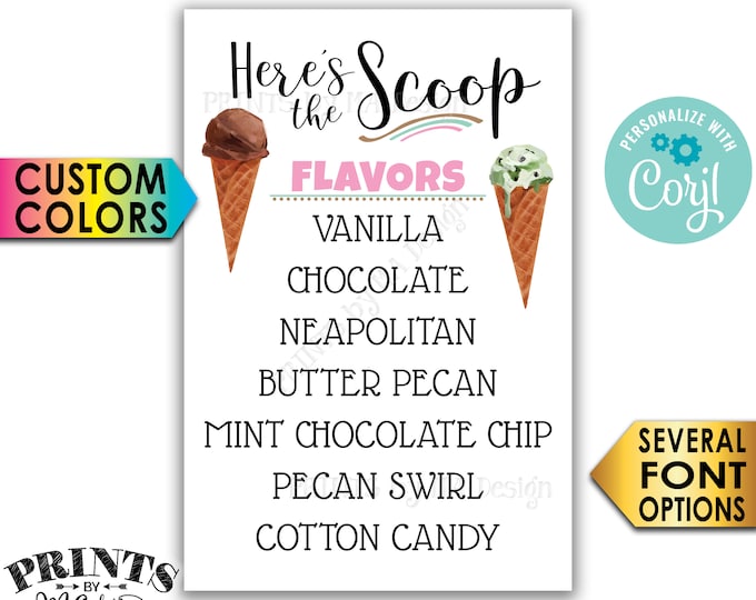 Ice Cream Flavors Sign, Here's the Scoop Ice Cream Bar, PRINTABLE 24x36” Ice Cream Sign <Edit Yourself with Corjl>
