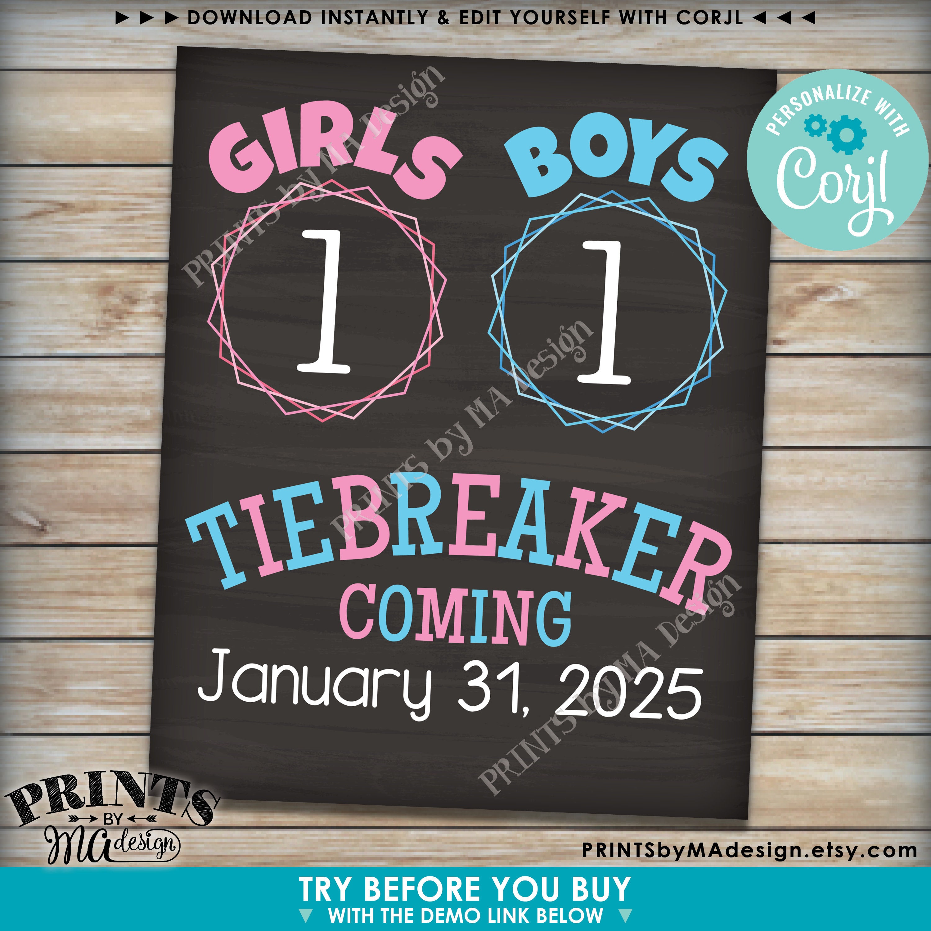 PRINTABLE Personalized Tie Breaker Baby #3 Chalkboard Pregnancy Baby  Announcement / Baby Number Three / Pink Teal / Sign / Photo Prop JPEG